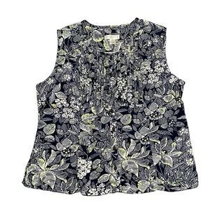 Christopher & Banks Floral Linen Tank Top Womens Size LP Pintuck Chest Button Up
